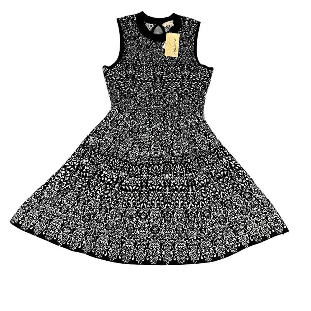 Rewind Dress Women's Large Black White Sleeveless Floral Paisley Knit Skater NWT